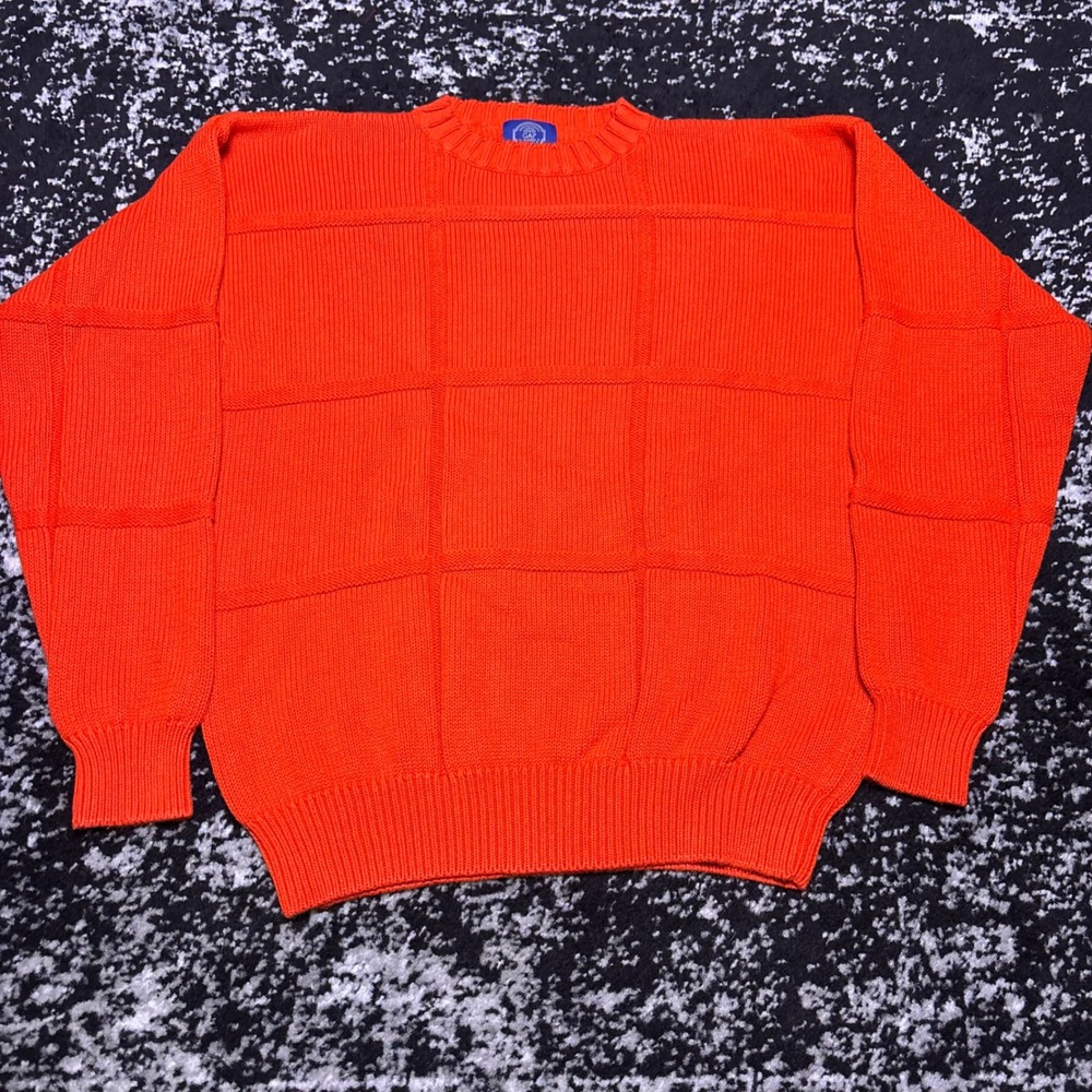 Vintage Gap Orange Grid Knit Cotton Crewneck Sweater Mens Medium Blue Label